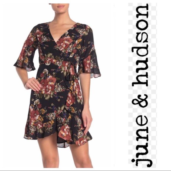 June & Hudson Wrap Mini Dress Floral Print Black Orange Brown Size L NEW wTag - Picture 10 of 10